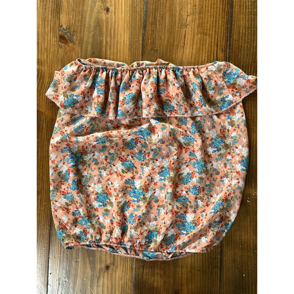 Hang Ten Peach Floral Ruffle Strapless Tube Top Blouson Hem Large